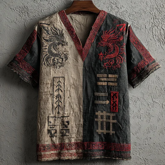 Dragon Linen V-Neck Tee - NorseKin front view