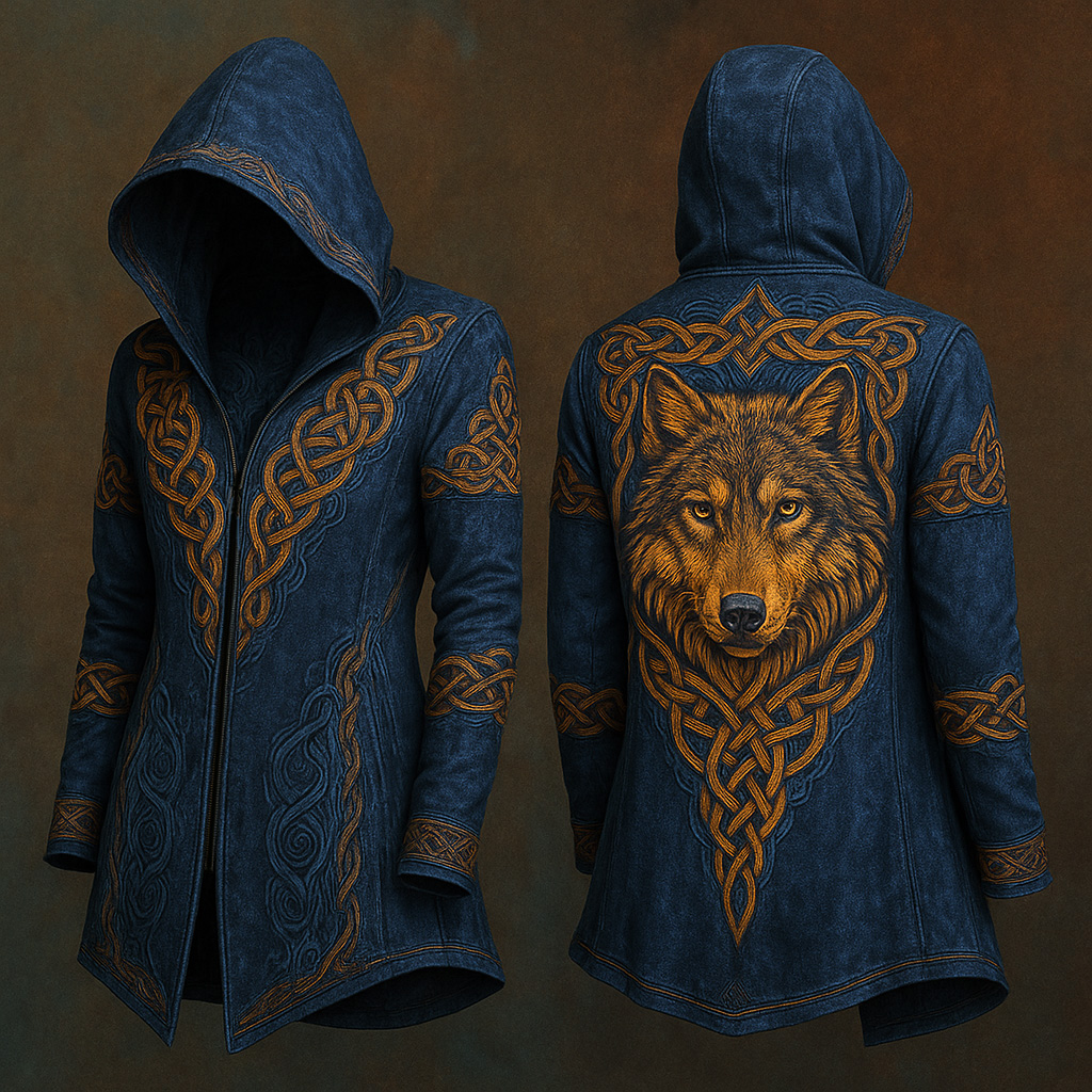 Alpha Wolf & Norse Knot Vintage Hooded Coat - NorseKin front view