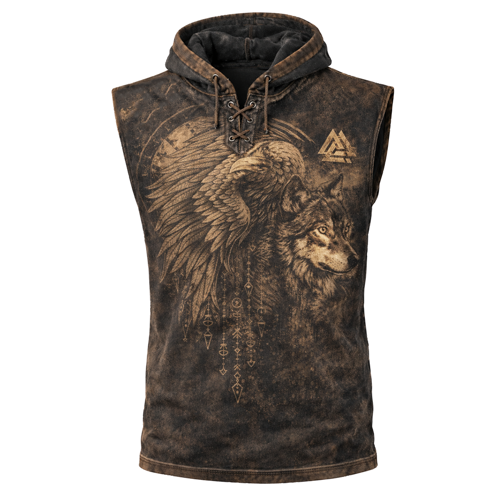 Wolf Textured Hooded Vest - Brown - NorseKin front view
