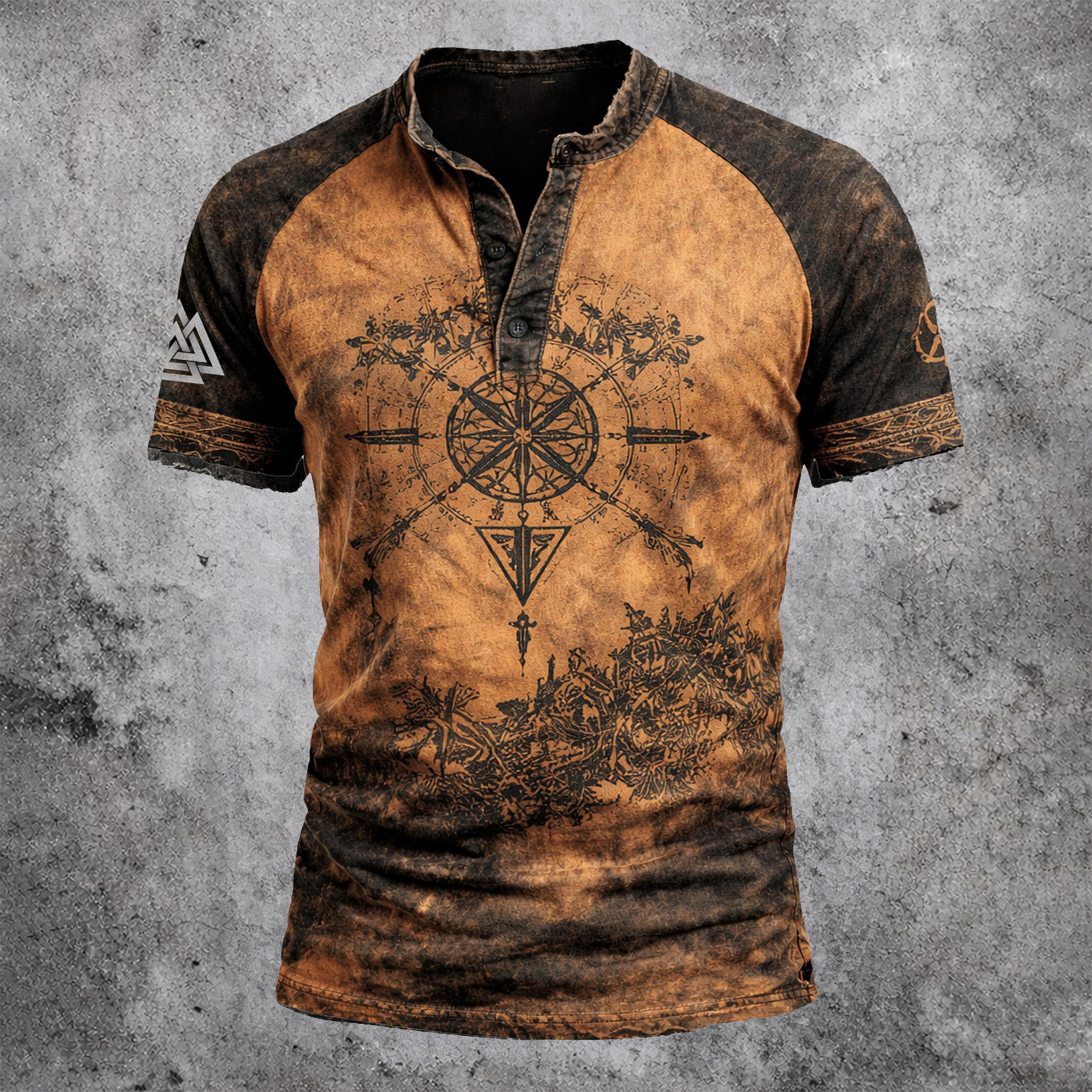Norse Rune Distressed Henley Shirt - NorseKin front view