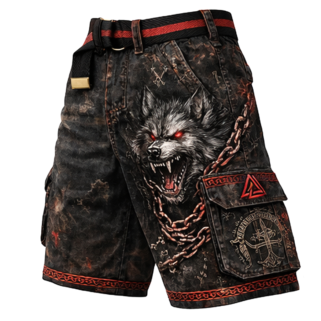 Wolf Black Cargo Shorts - NorseKin front view