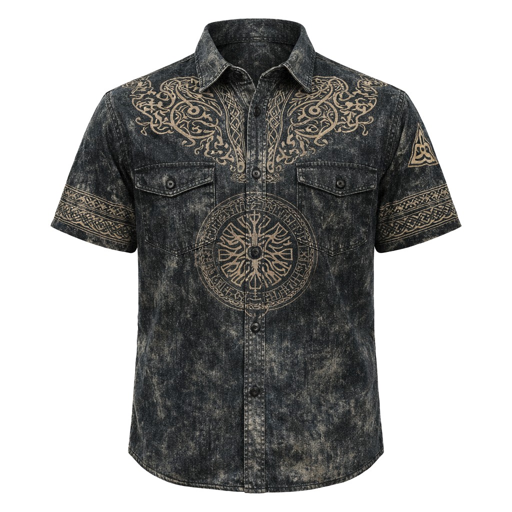 Norse Rune Washed Black Button-Down Shirt - NorseKin front view