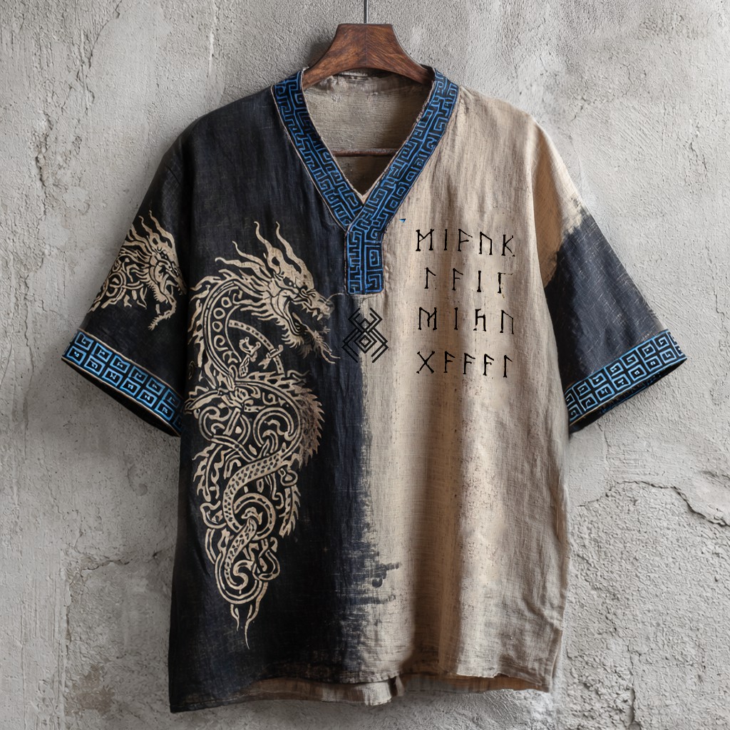 Dragon Linen V-Neck Tee - NorseKin front view