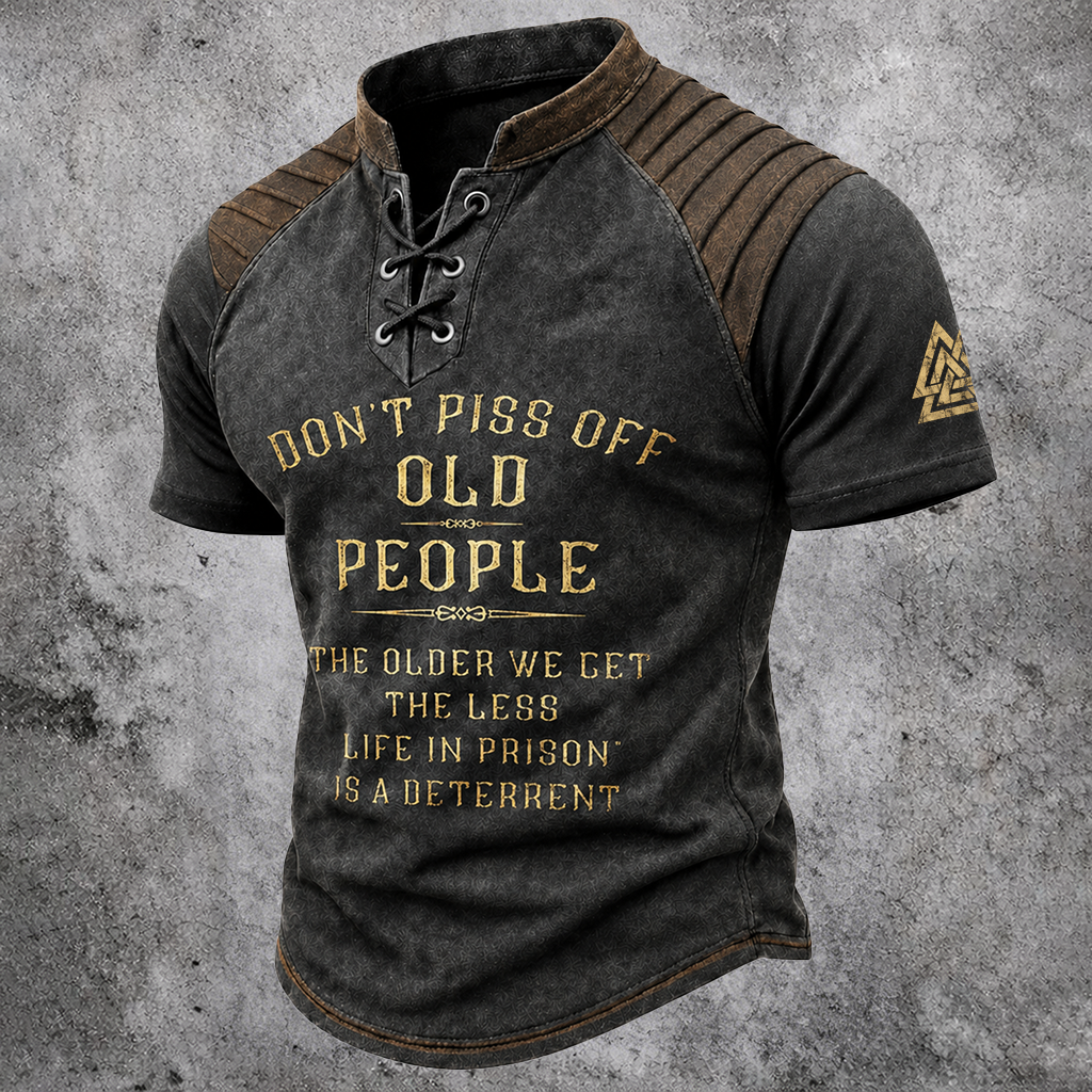 Norse Rune Distressed Pleated Henley Shirt - NorseKin detail view 2