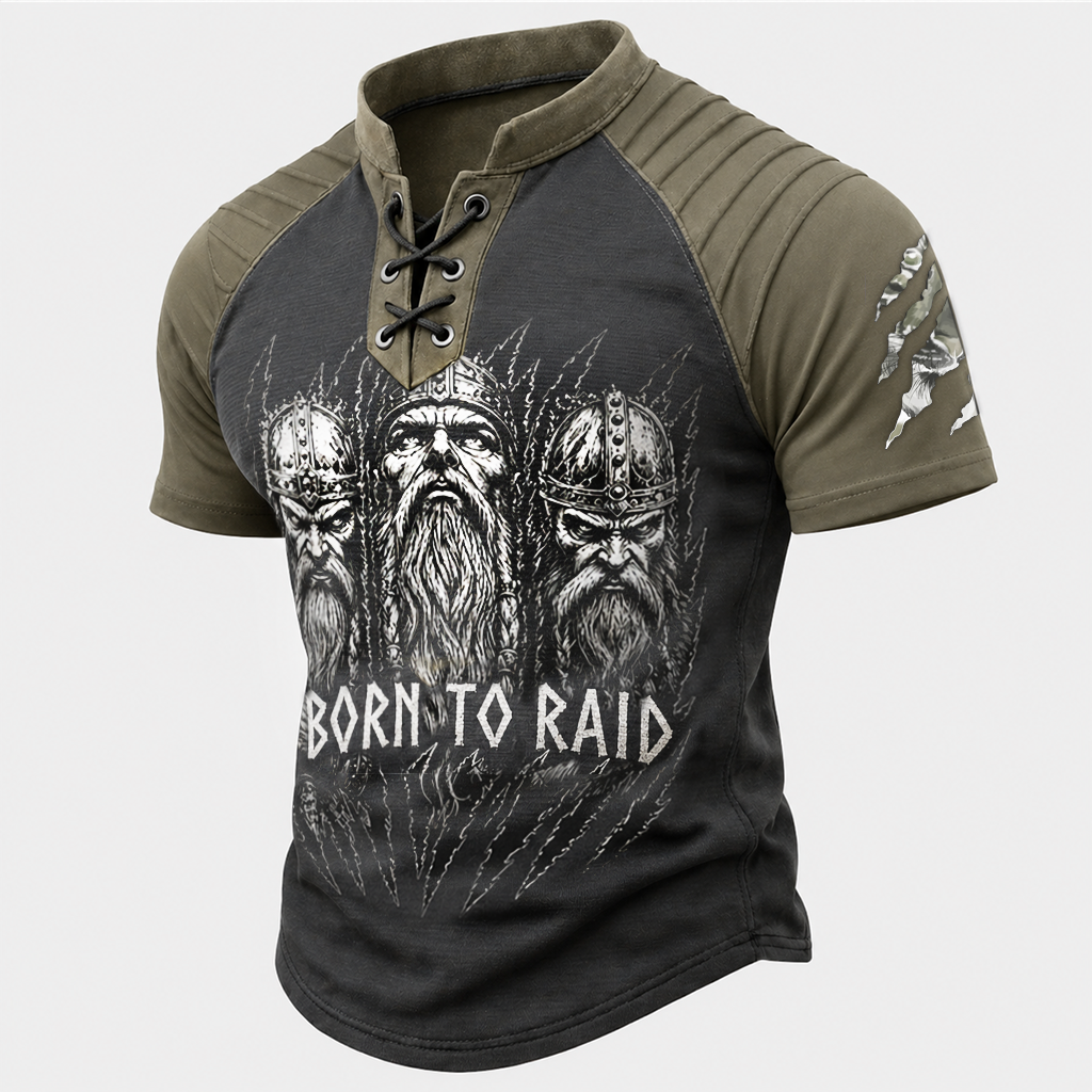 Norse Rune Pleated Henley Shirt - NorseKin front view