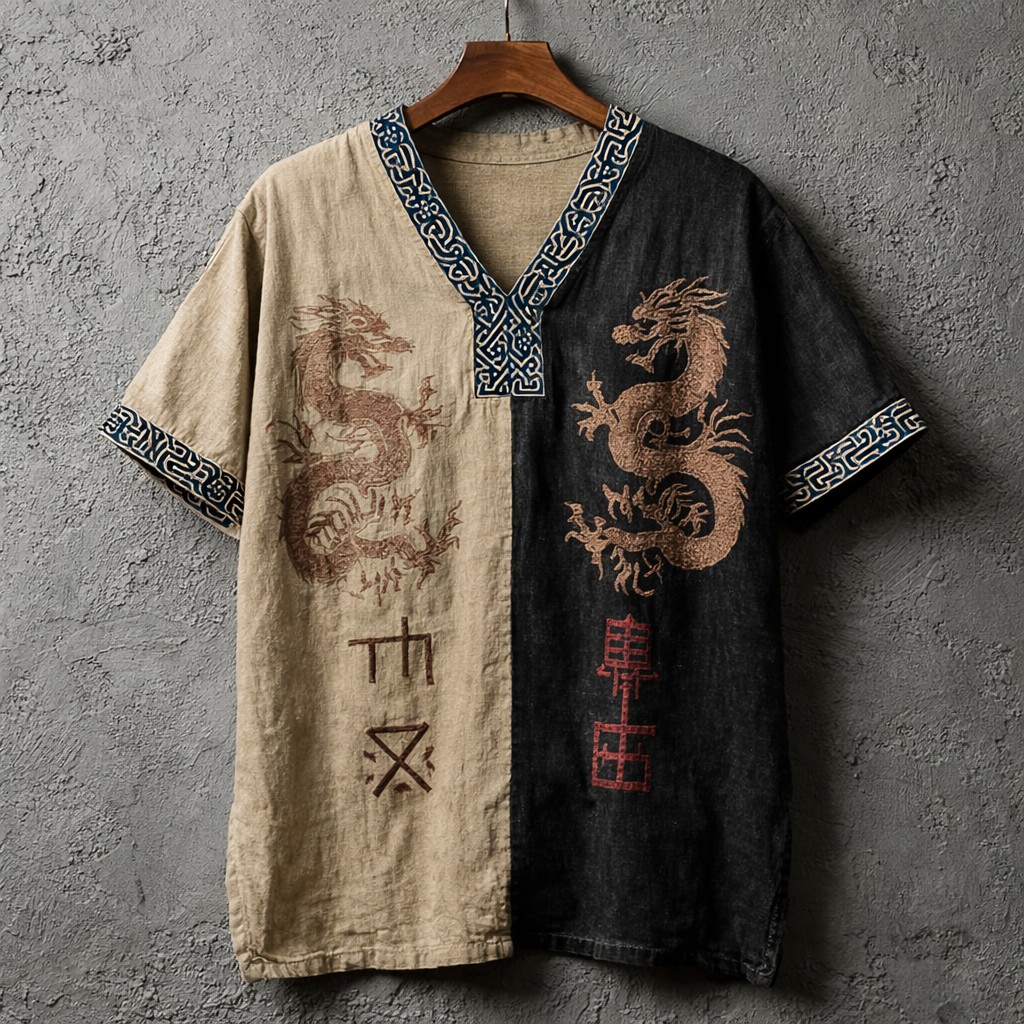 Dragon Linen V-Neck Tee - NorseKin front view