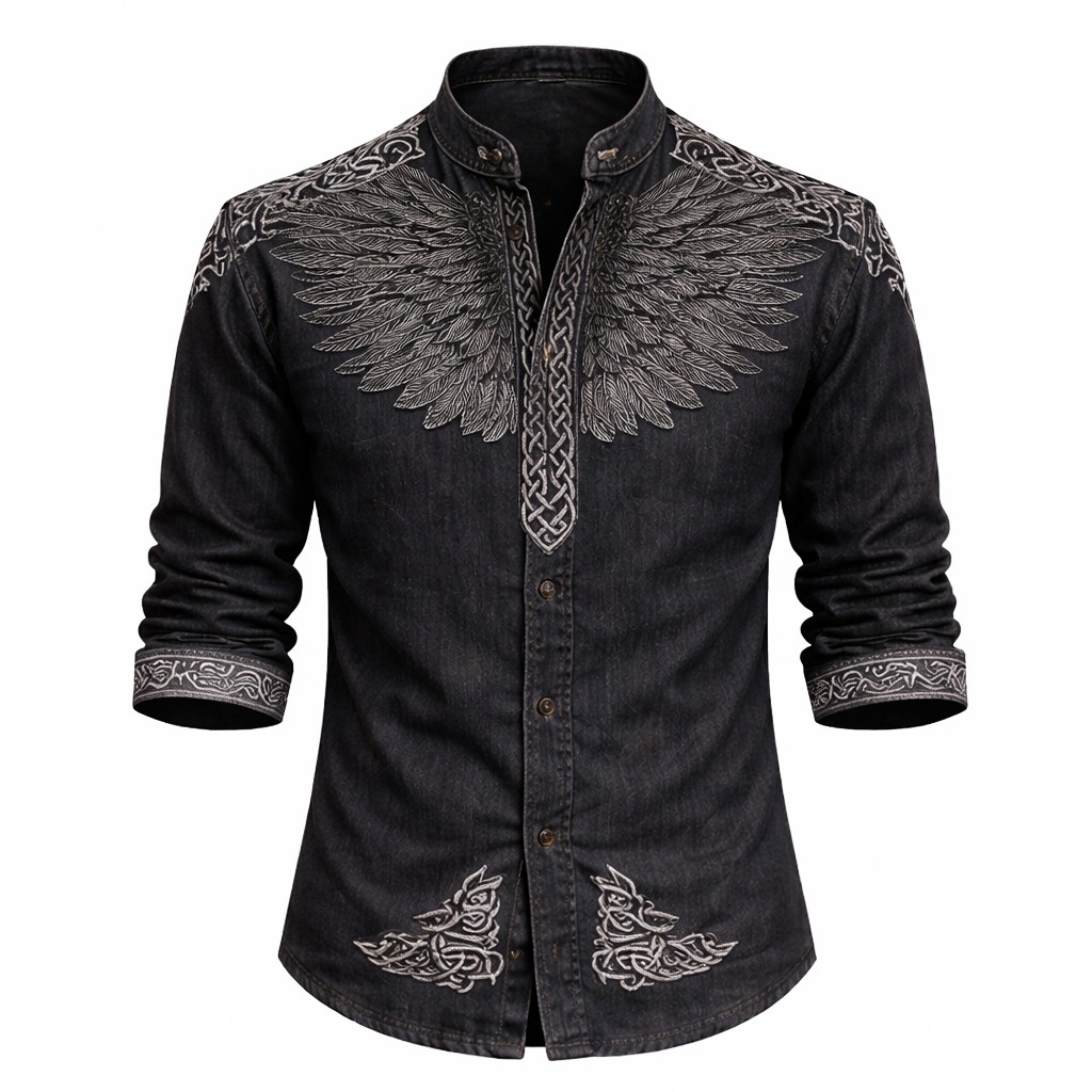 Blue Denim Henley Shirt - NorseKin detail view 3