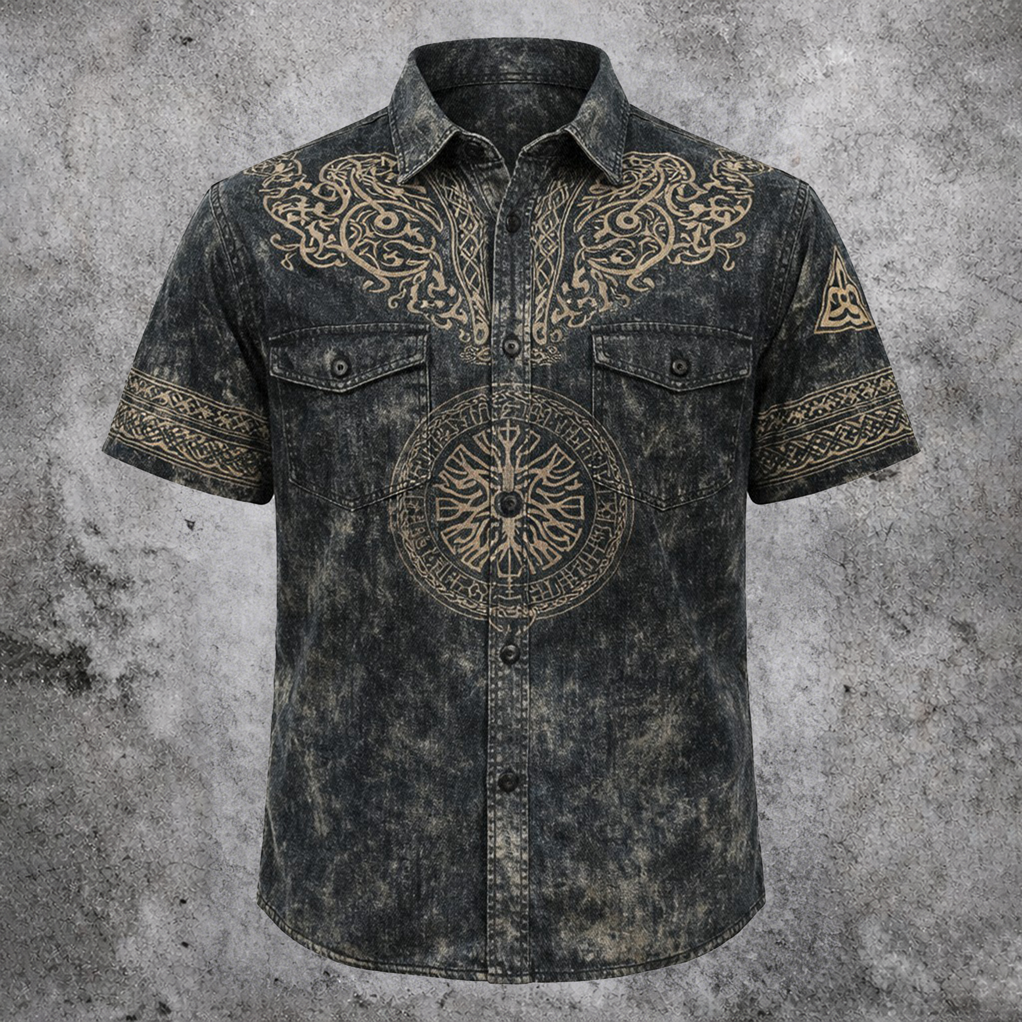 Norse Rune Washed Black Button-Down Shirt - NorseKin detail view 2