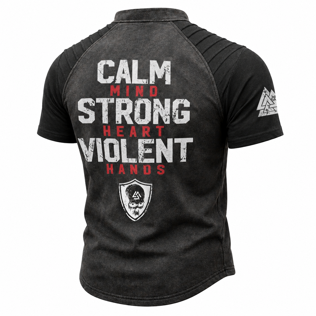 Norse Rune Grey Pleated Henley Shirt - NorseKin front view