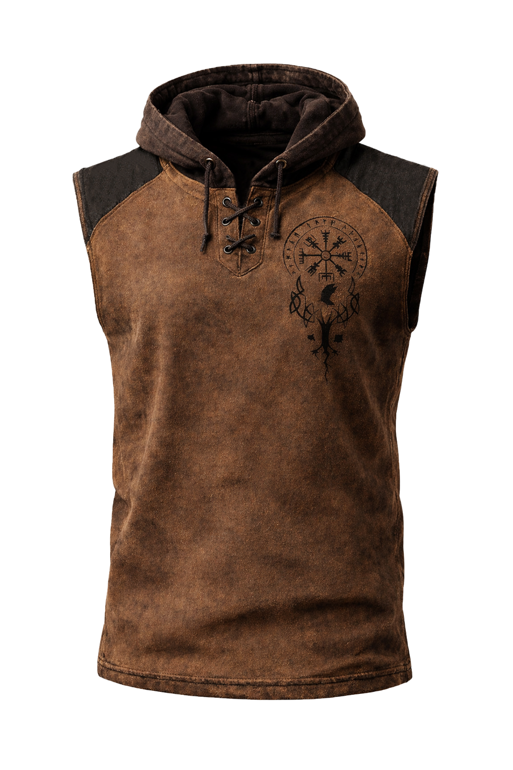 Norse Rune Textured Hooded Vest - Brown - NorseKin detail view 2