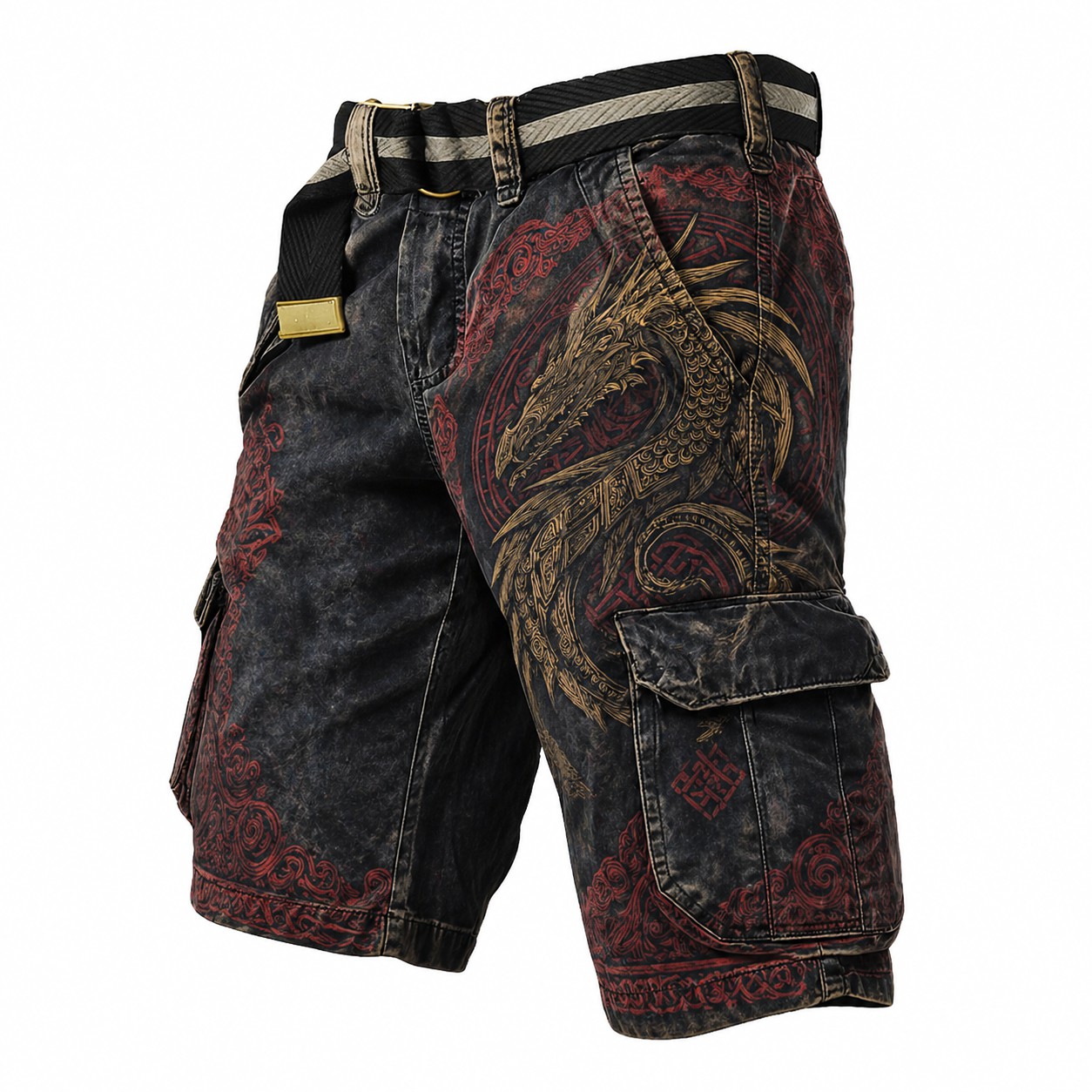 Dragon Washed Black Cargo Shorts - NorseKin front view