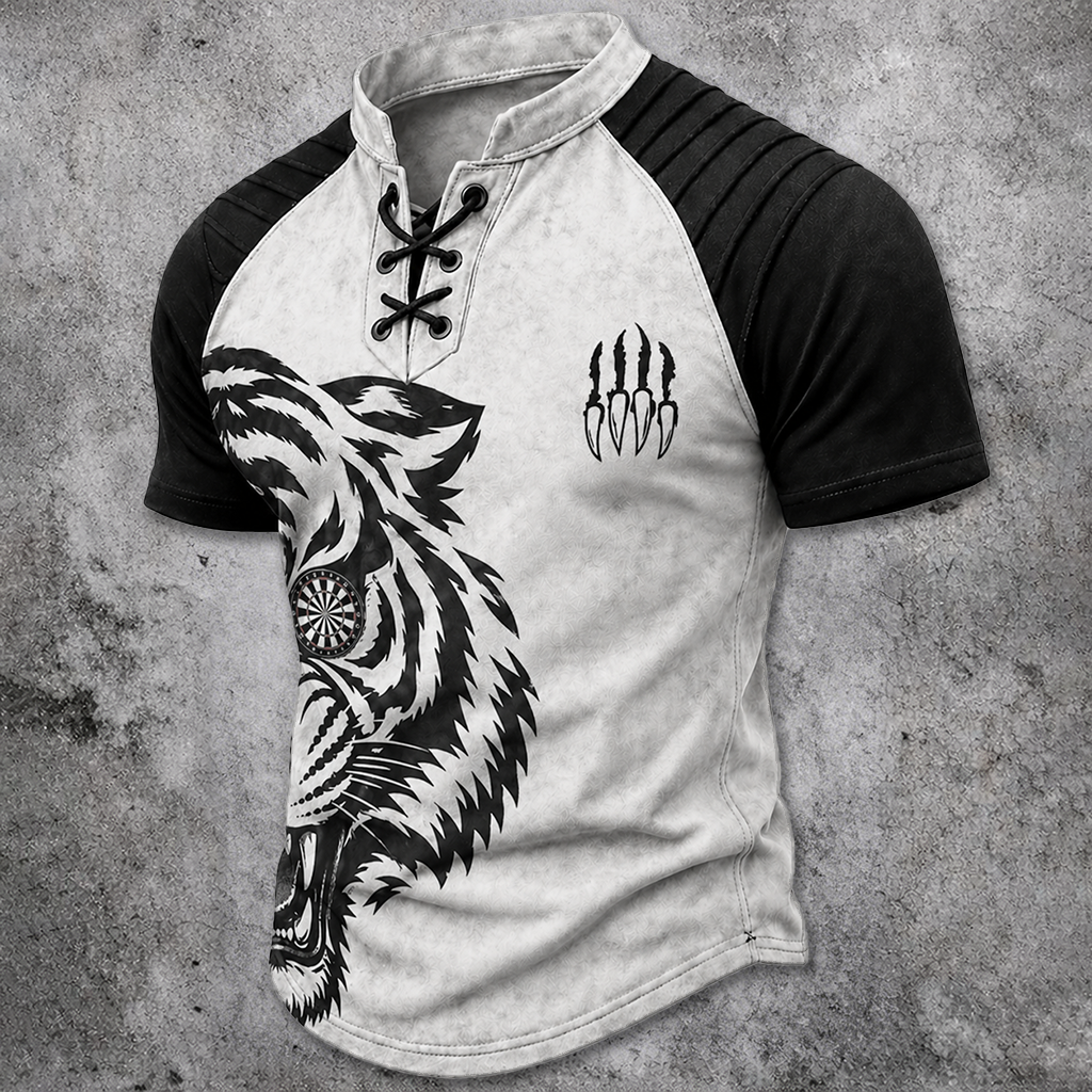 Norse Rune Distressed Pleated Henley Shirt - NorseKin detail view 2
