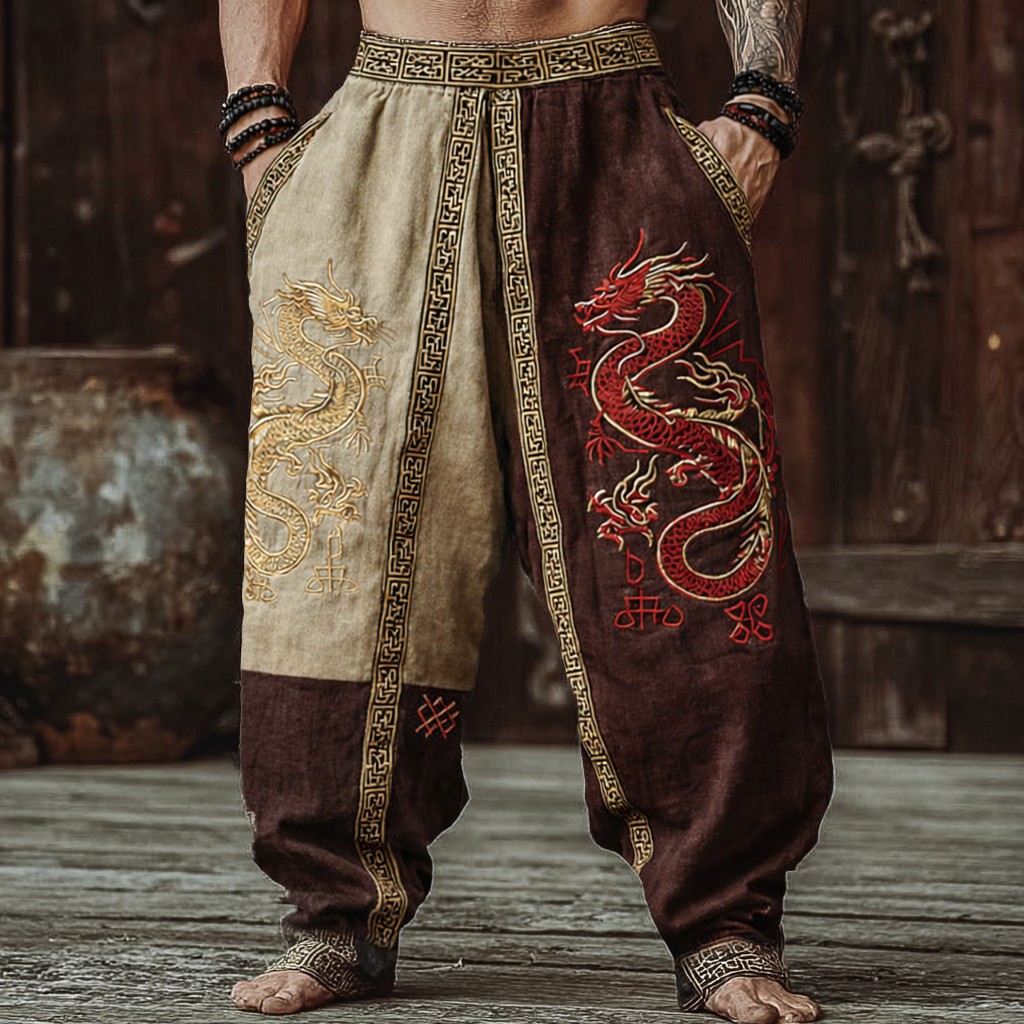 Dragon Patchwork Linen Pants - NorseKin front view