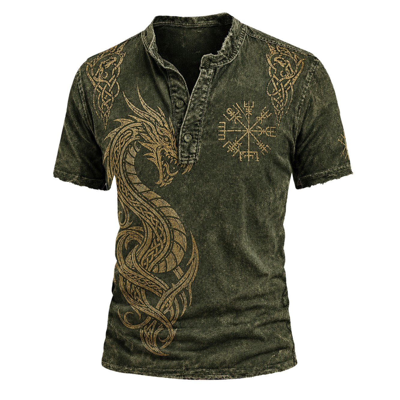 Dragon Green Henley Shirt - NorseKin front view