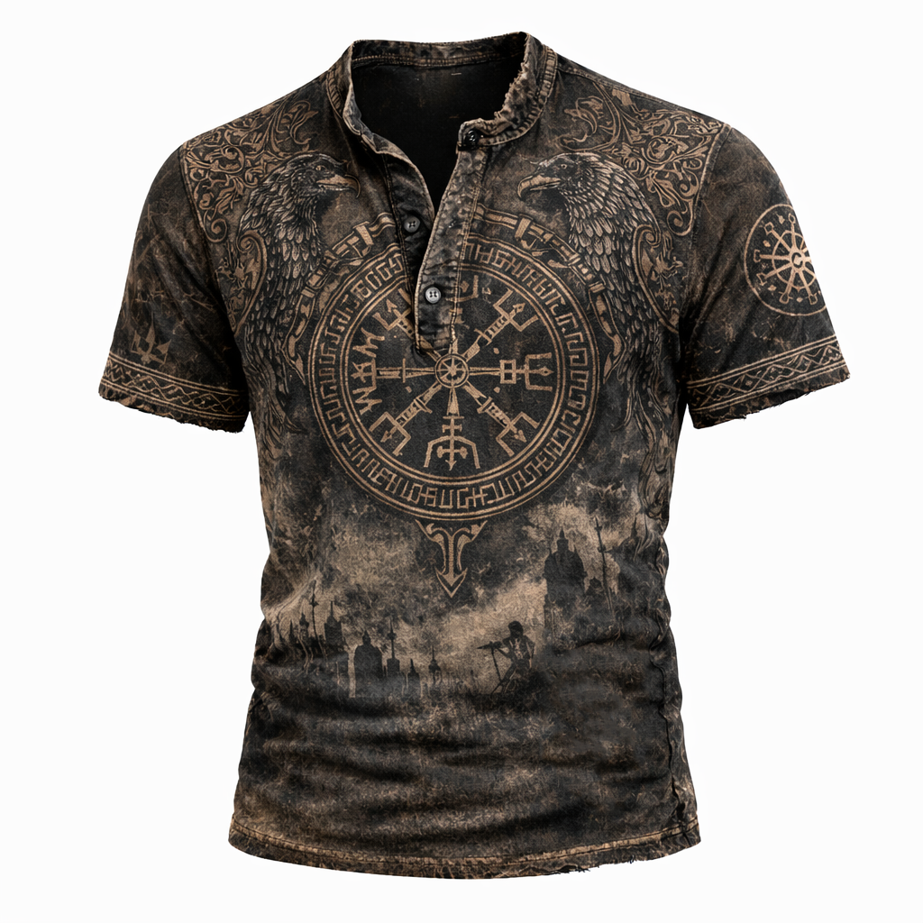 Raven Distressed Henley Shirt - NorseKin detail view 2