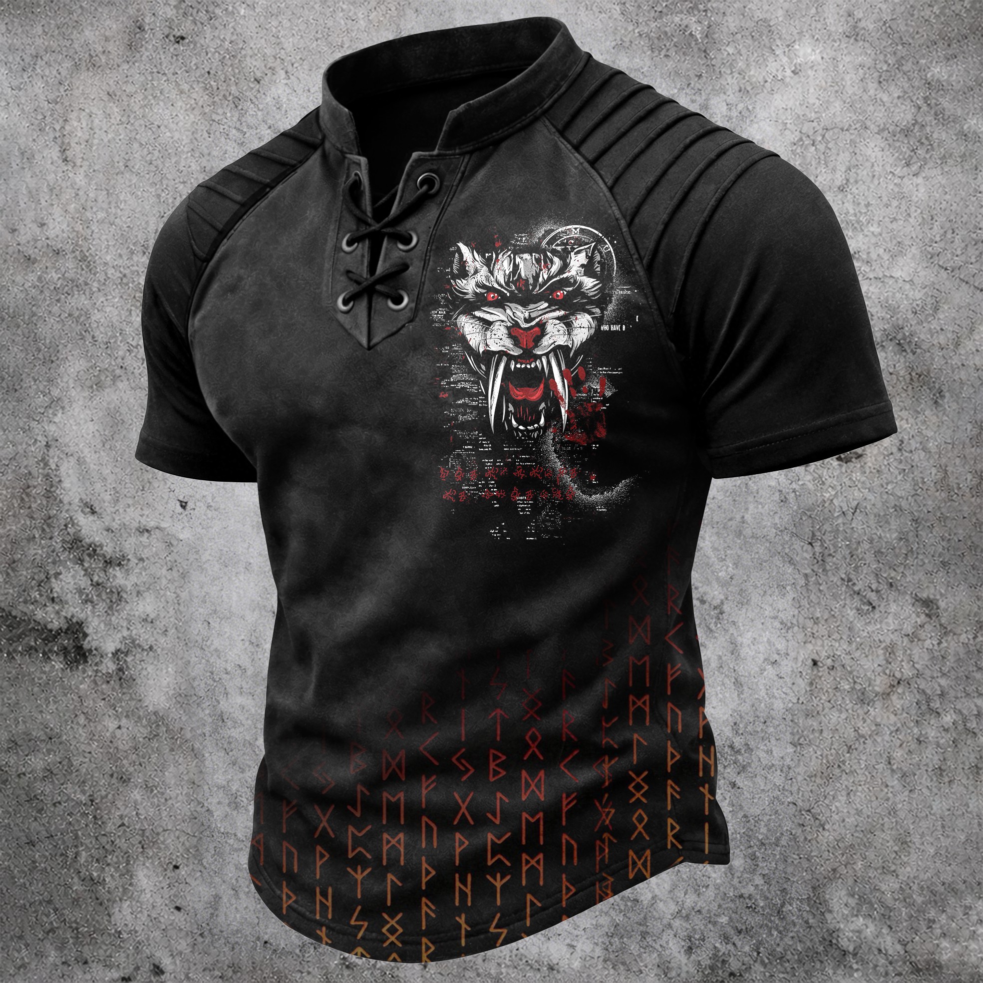 Wolf Pleated Henley Shirt - NorseKin detail view 2