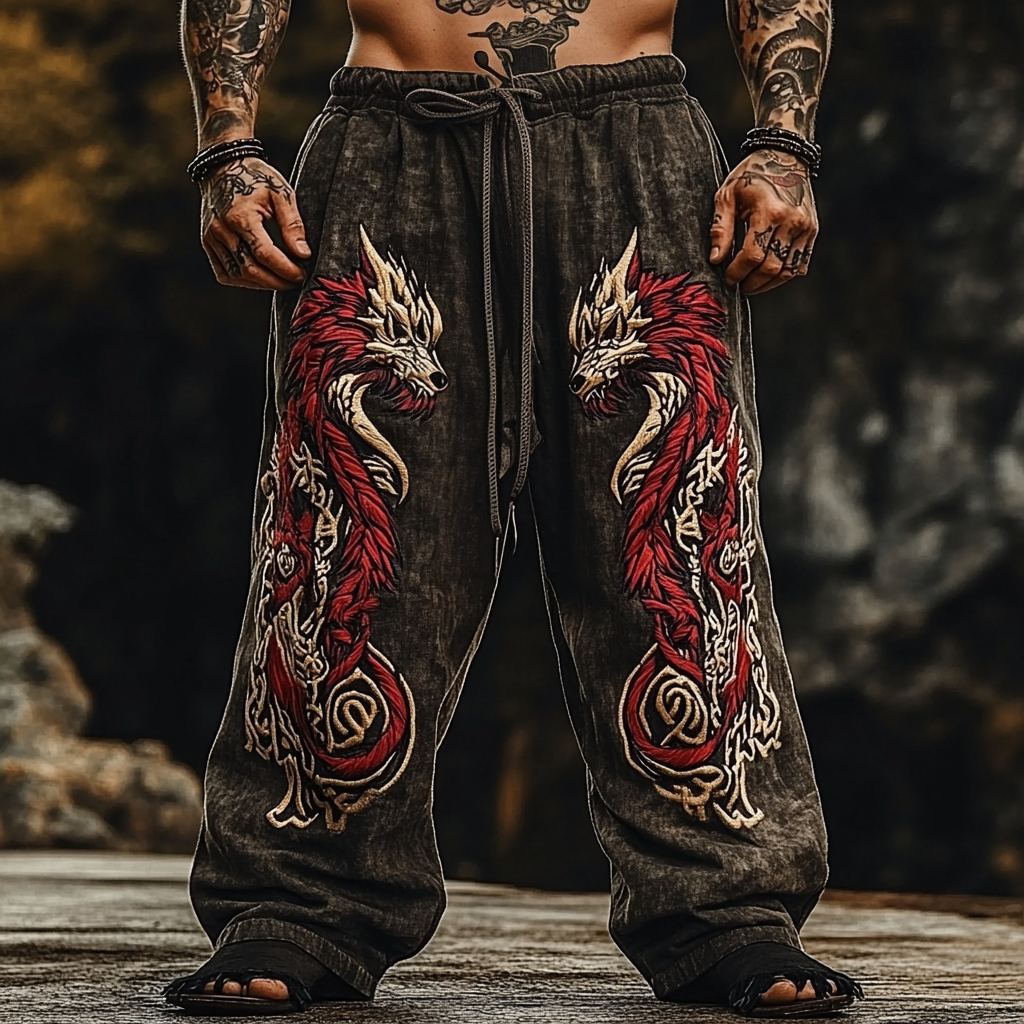Fenrir Wolf Tribal Celtic Knot Linen Casual Pants - NorseKin front view
