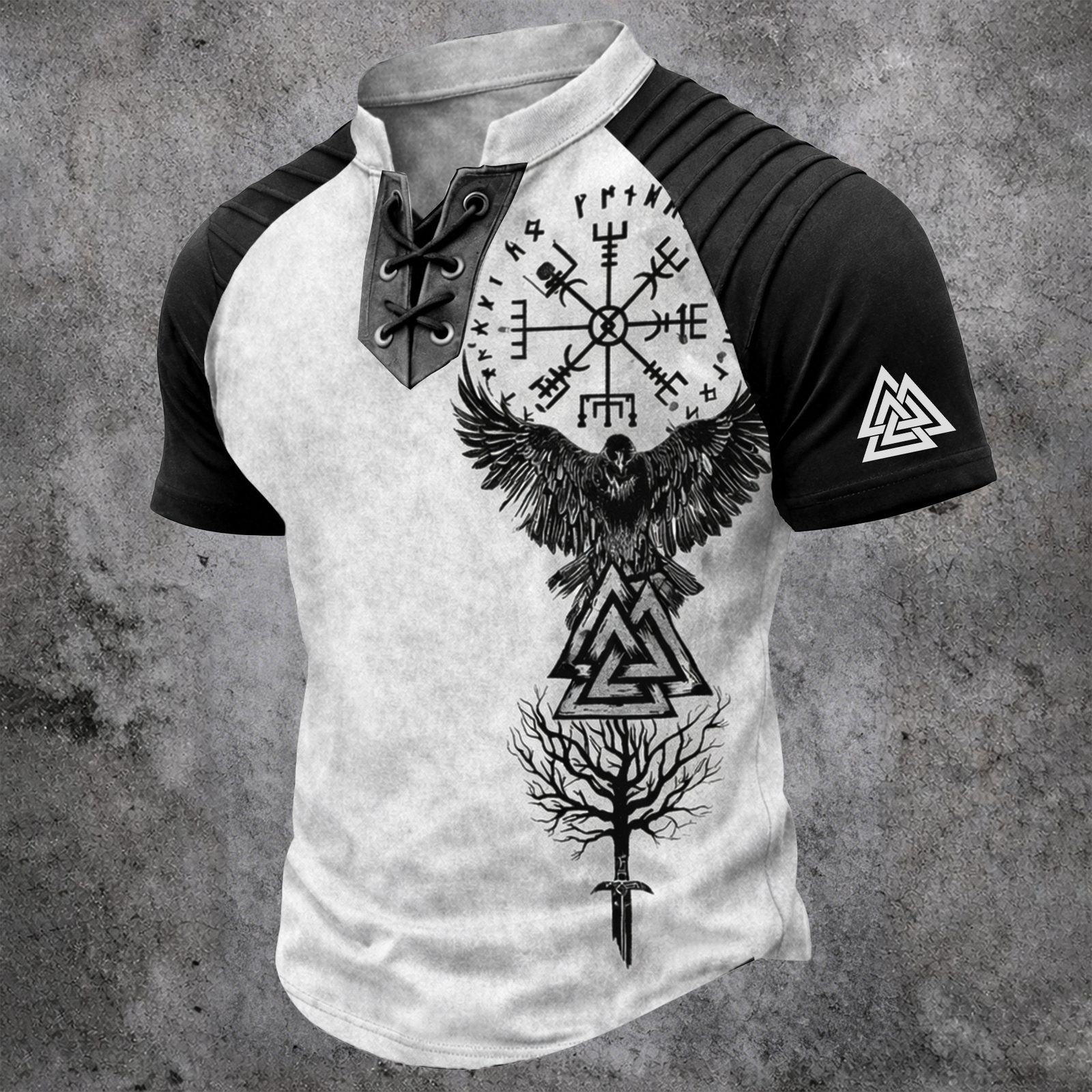 Norse Rune White Pleated Henley Shirt - NorseKin front view
