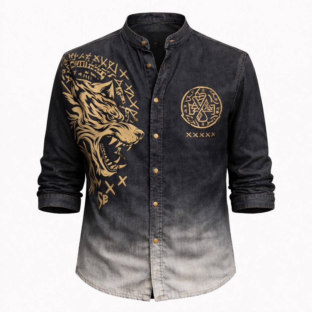 Wolf Denim Henley Shirt - NorseKin front view