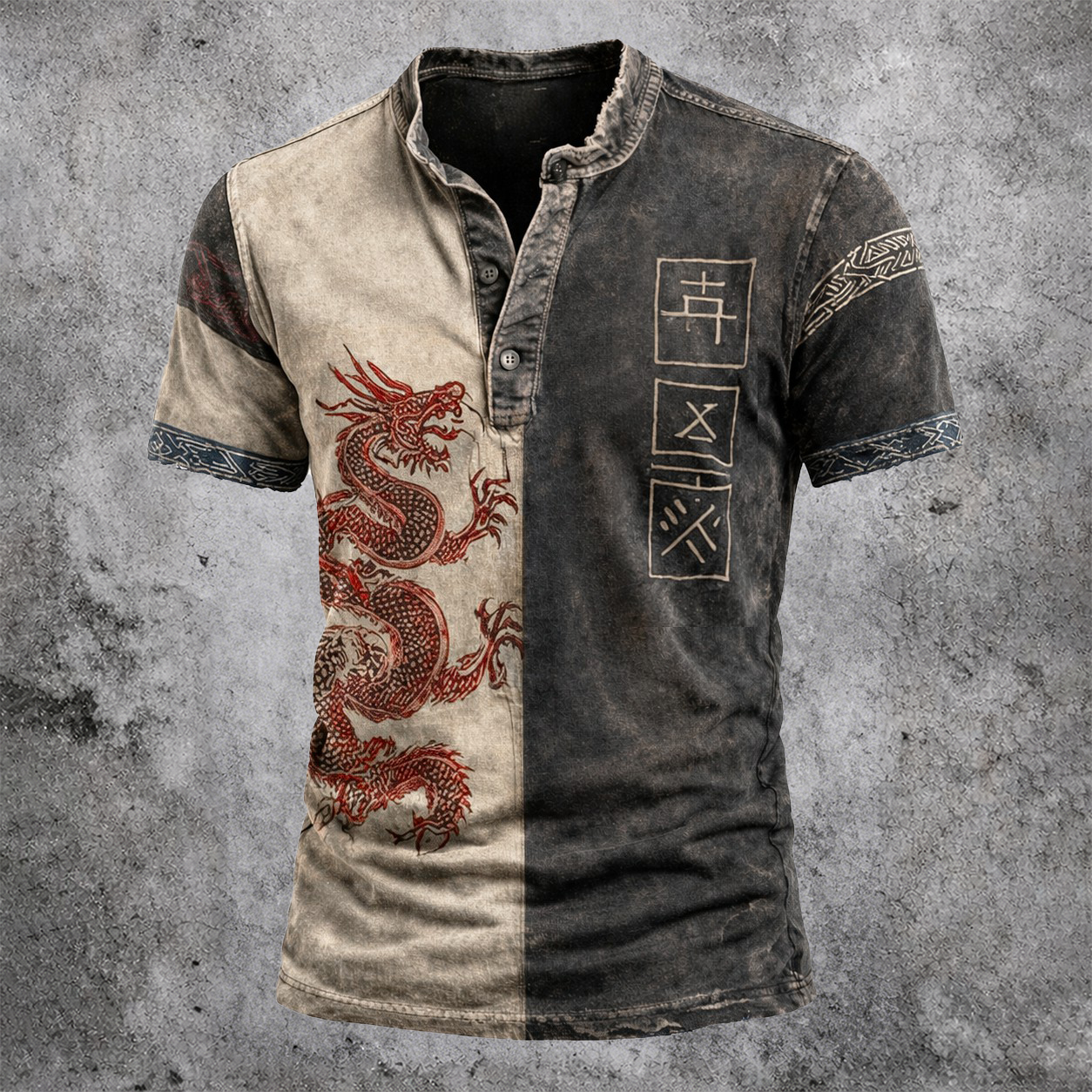 Dragon Distressed Henley Shirt - NorseKin front view