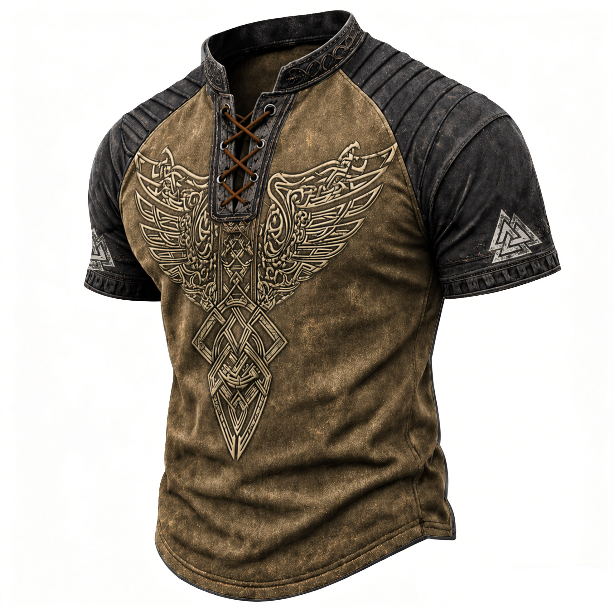 Norse Rune Pleated Henley Shirt - NorseKin front view