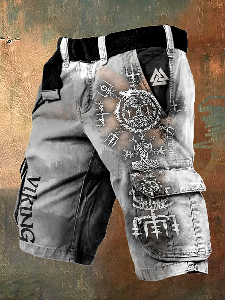 Retro Viking Rune Color-Block Graphic Cargo Shorts - NorseKin front view