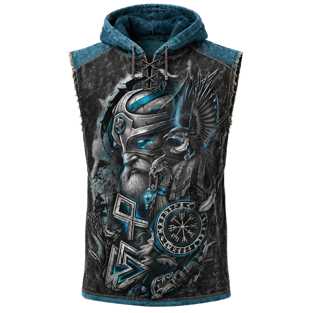 Norse Rune Textured Hooded Vest - Grey - NorseKin front view