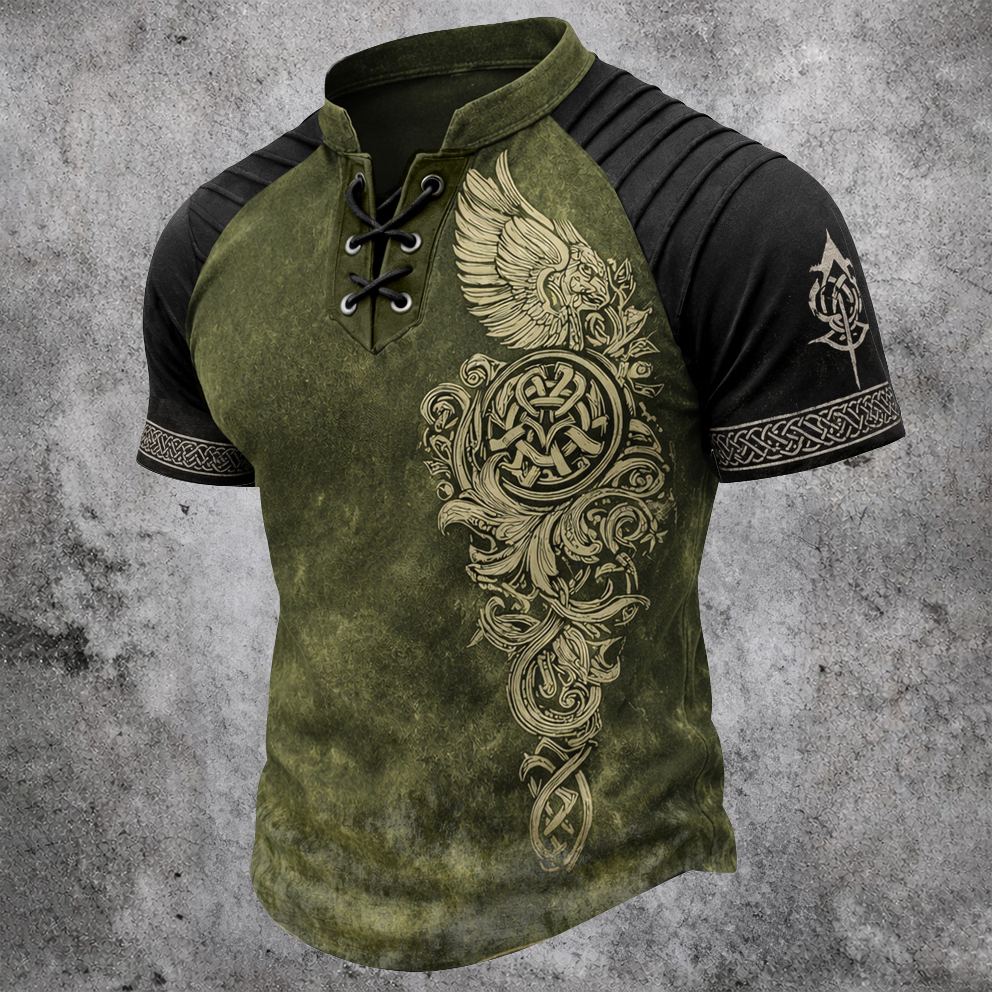 Norse Rune Olive Pleated Henley Shirt - NorseKin front view