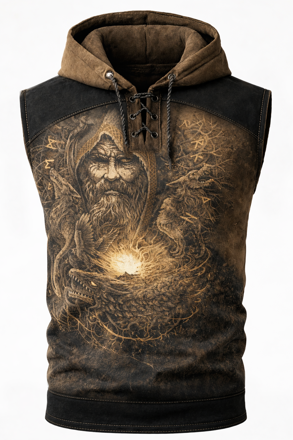 Norse Rune Textured Hooded Vest - Lace-Up - NorseKin detail view 2