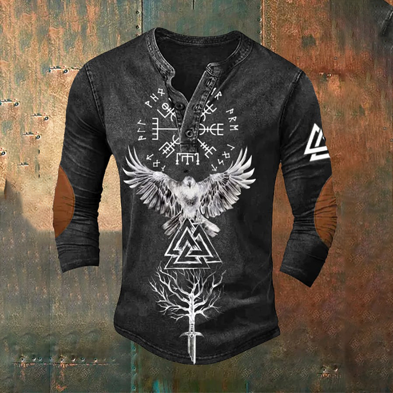 Viking Tribal Bird Graphic Long-Sleeve Henley - NorseKin detail view 2