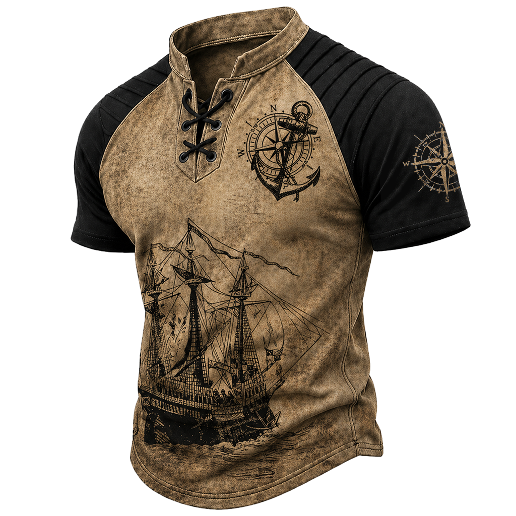 Norse Rune Distressed Pleated Henley Shirt - NorseKin front view
