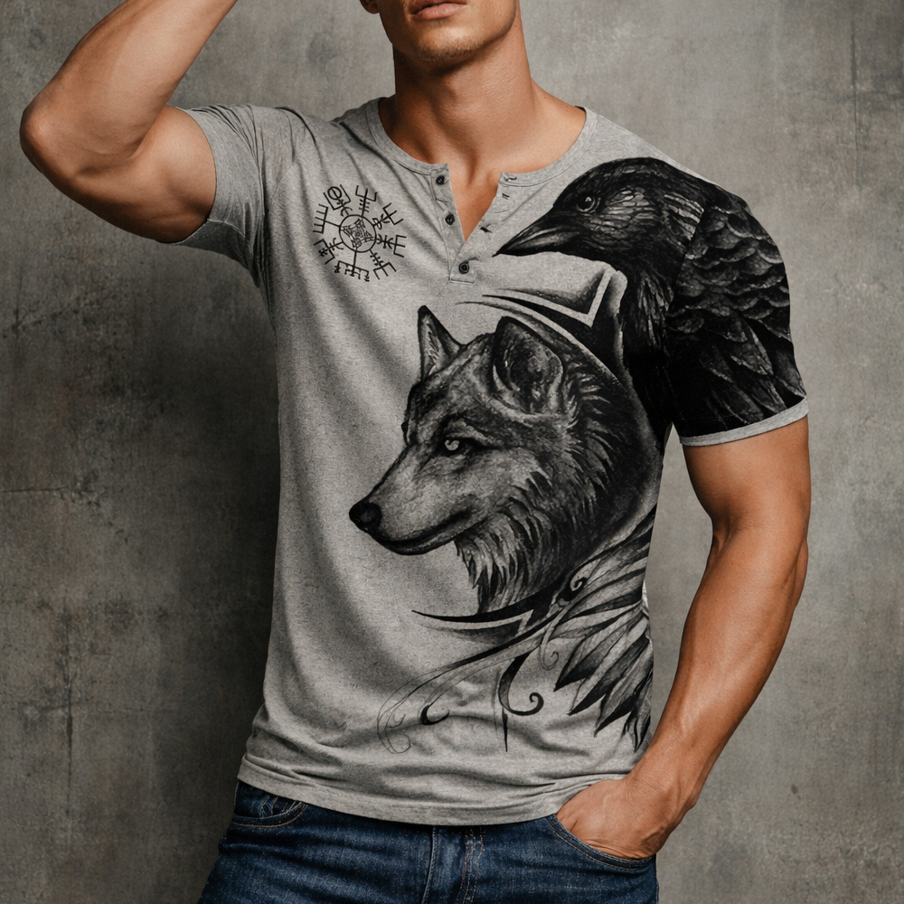 Retro Viking Wolf Graphic Henley Shirt - NorseKin detail view 2