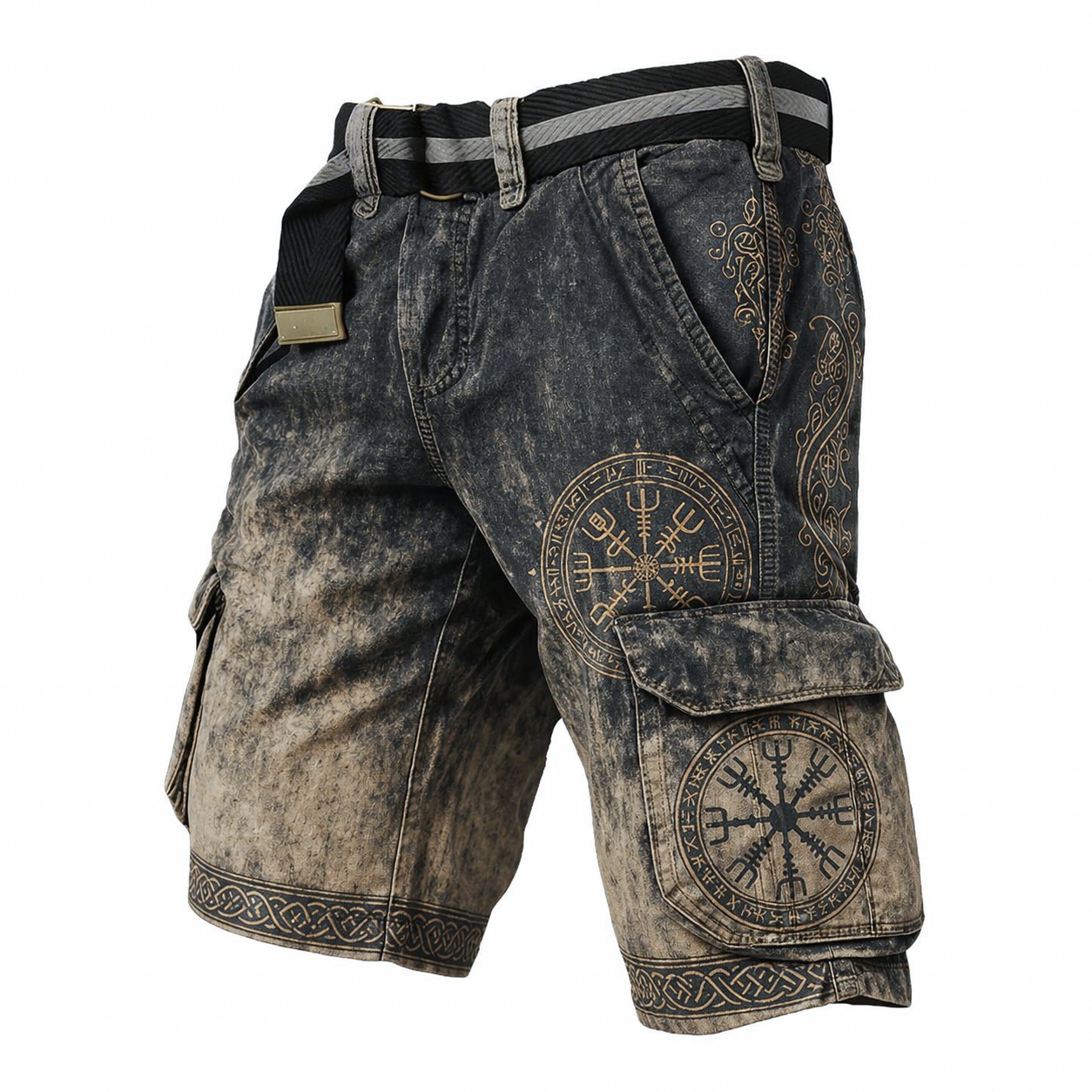 Norse Rune Washed Black Cargo Shorts - NorseKin detail view 2