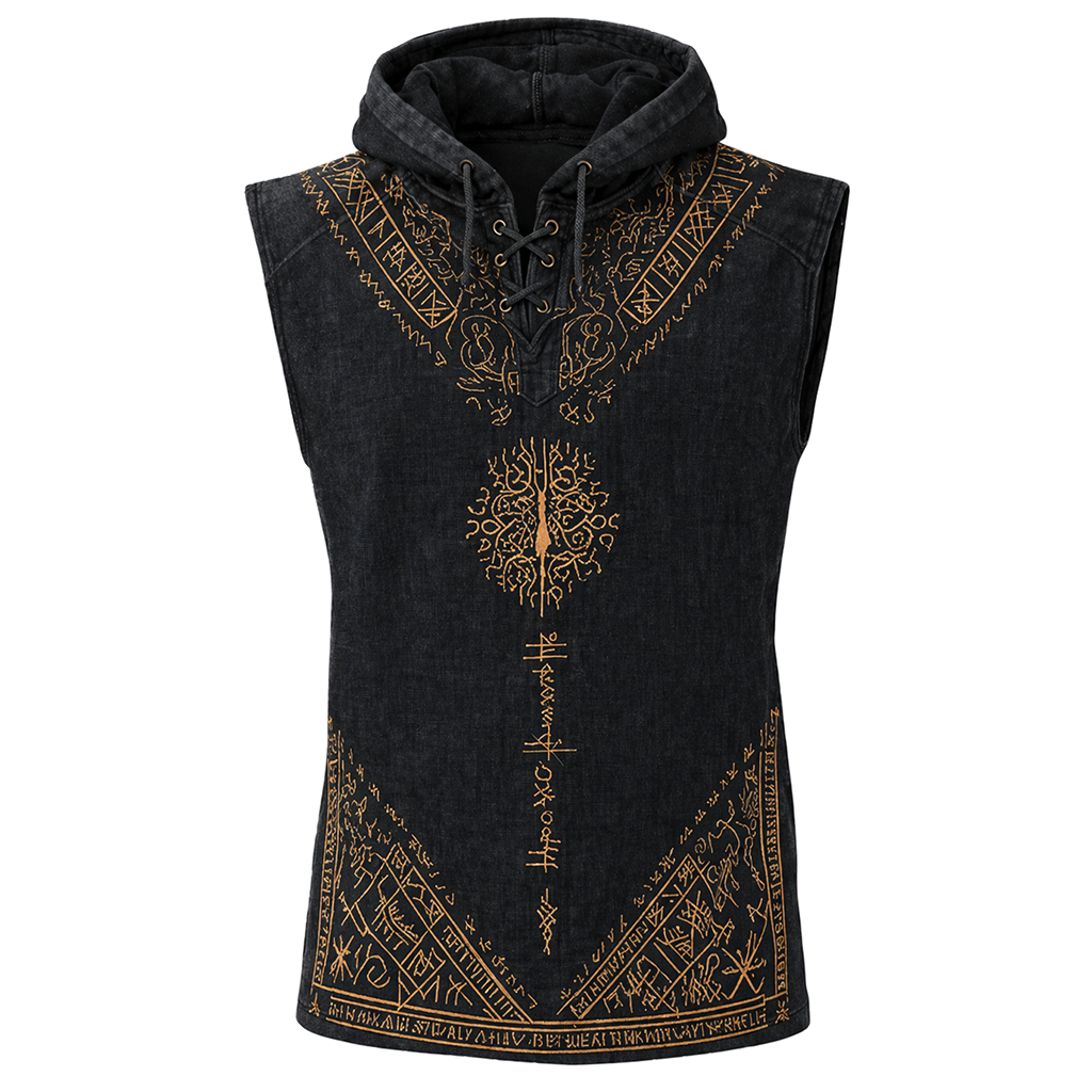 Norse Rune Textured Hooded Vest - Black - NorseKin front view