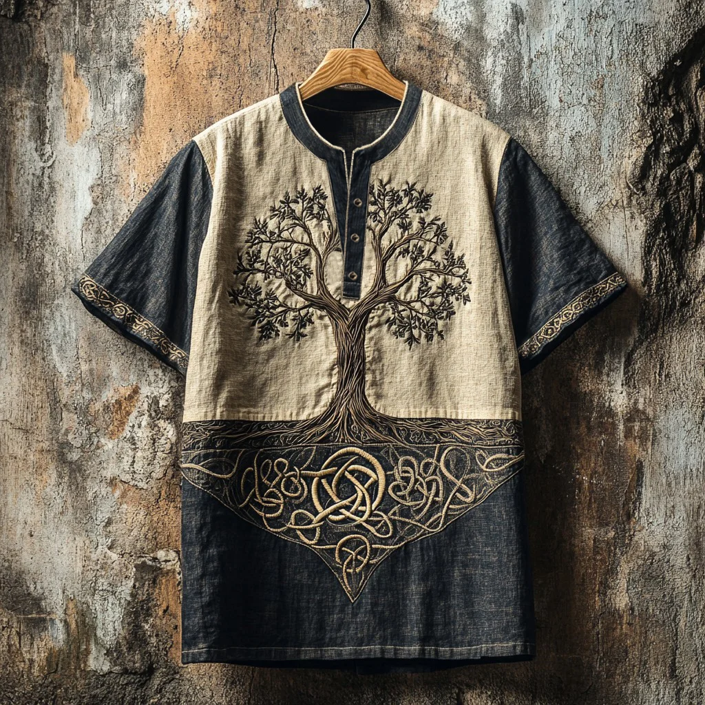 Tree of Life Celtic Knot Linen Henley Shirt - NorseKin front view