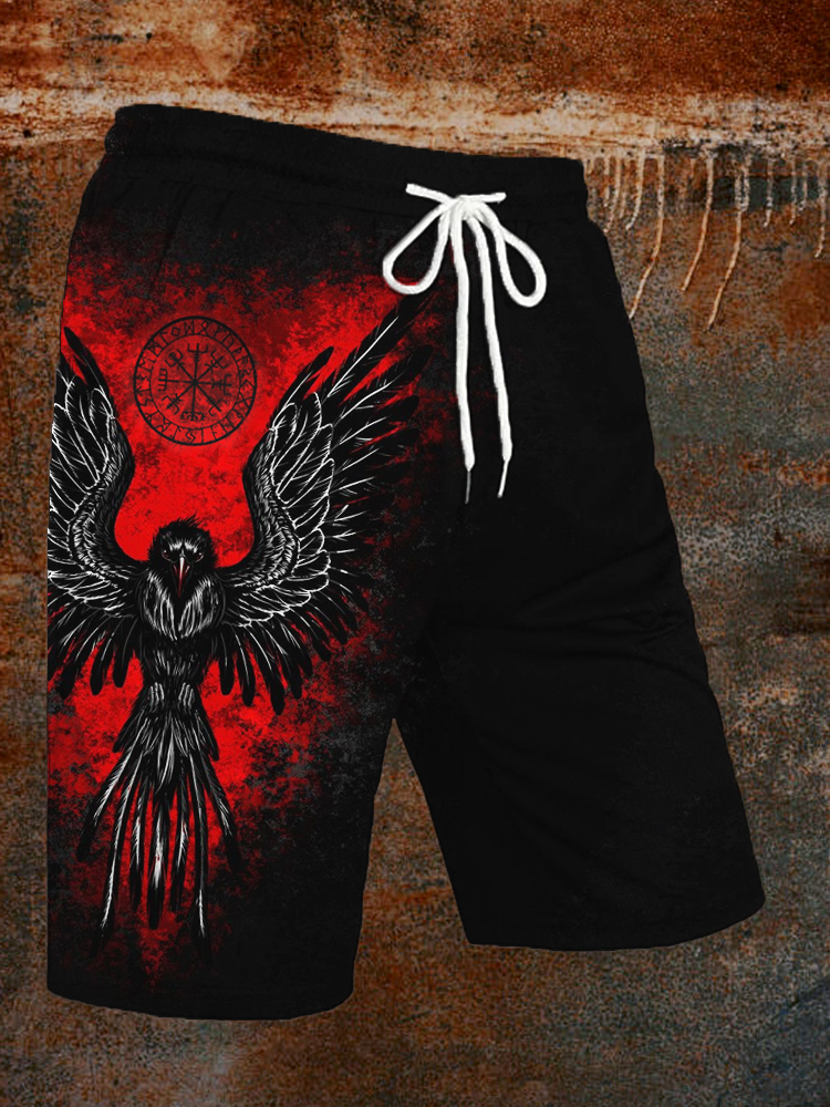Raven & Vegvisir Viking Graphic Casual Shorts - NorseKin front view