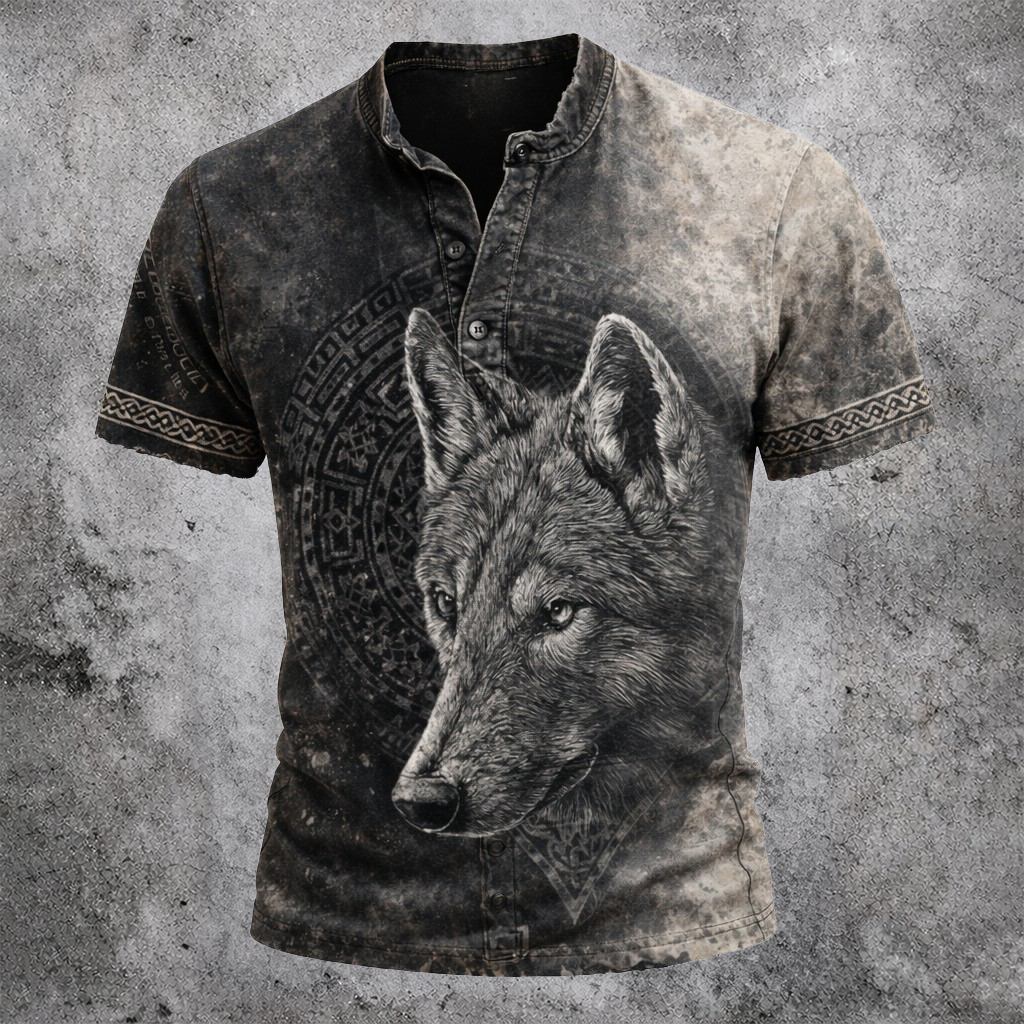 Wolf Grey Henley Shirt - NorseKin front view