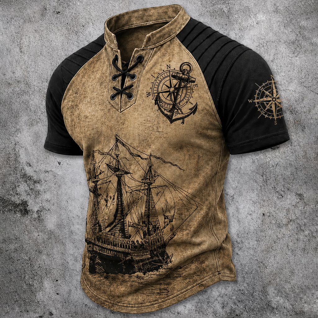 Norse Rune Distressed Pleated Henley Shirt - NorseKin detail view 2