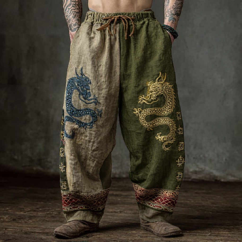 Dragon Patchwork Linen Pants - NorseKin front view