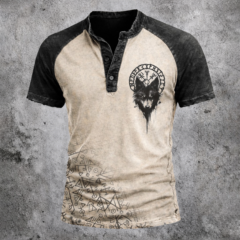 Wolf Distressed Henley Shirt - NorseKin detail view 2