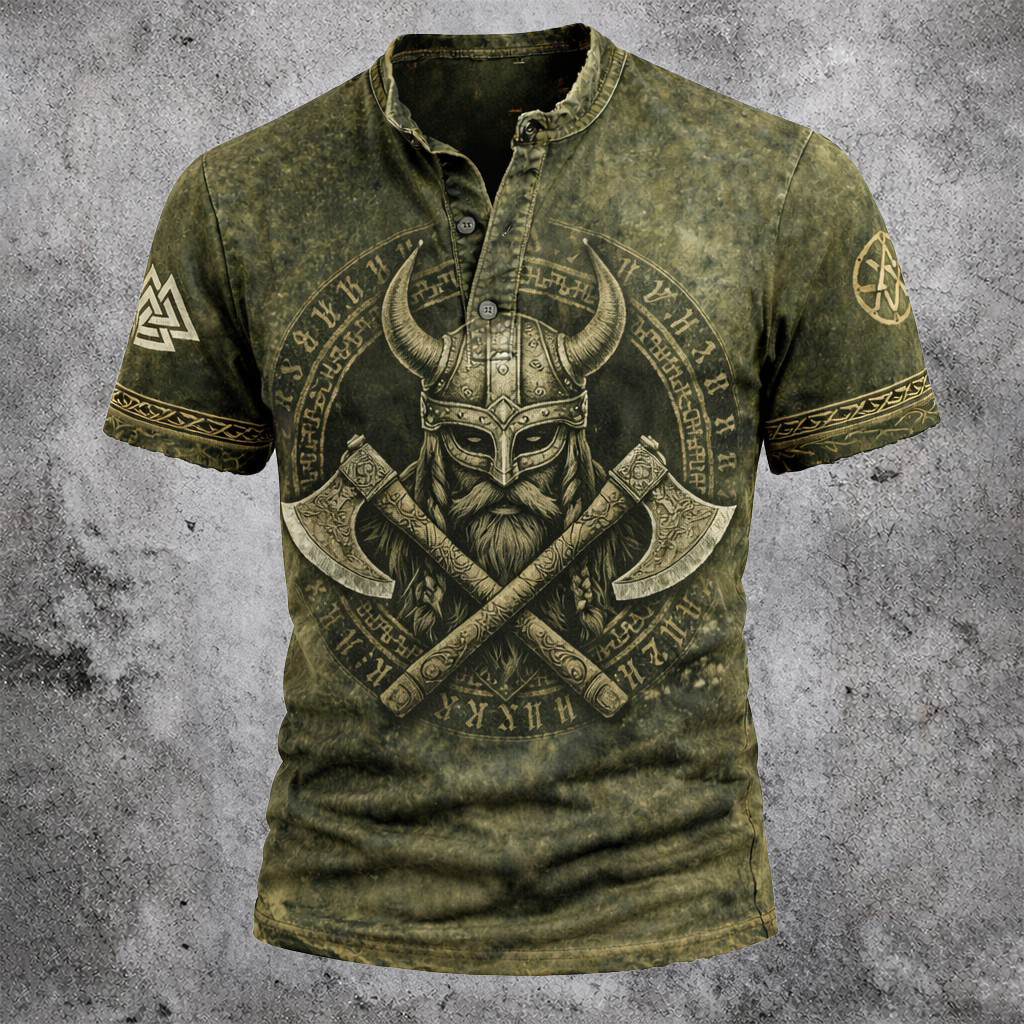 Norse Rune Distressed Henley Shirt - NorseKin front view