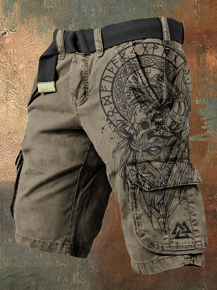 Vintage Viking Totem Art Graphic Cargo Shorts - NorseKin front view