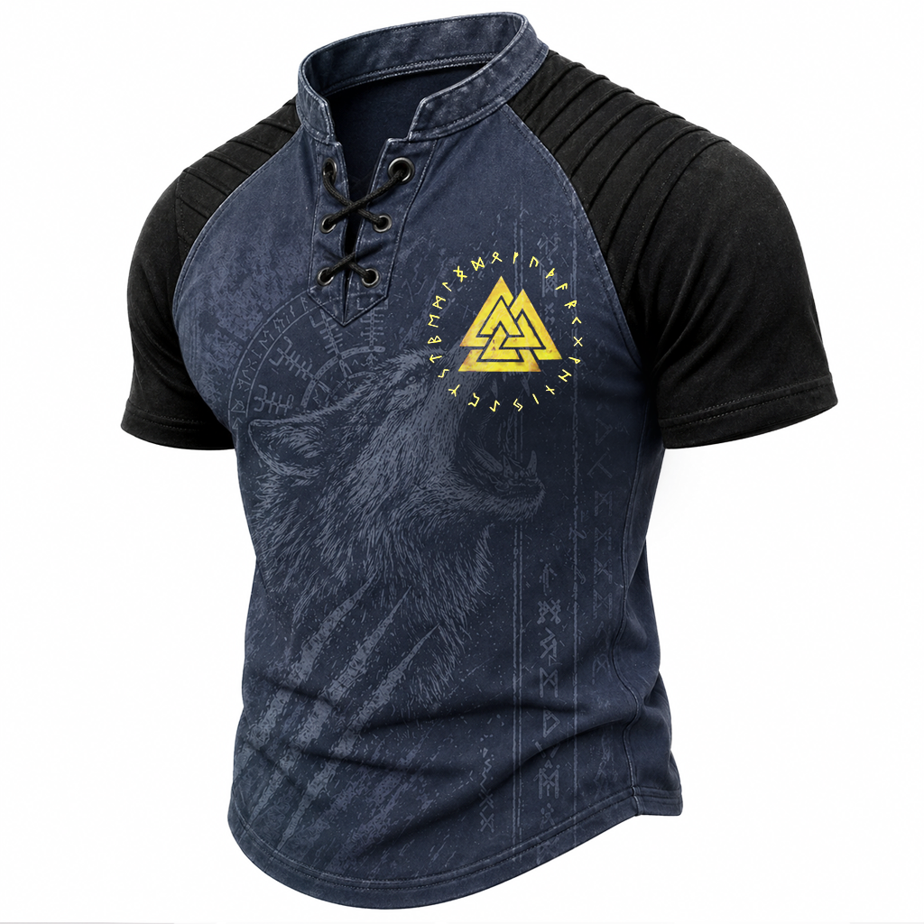 Wolf Pleated Henley Shirt - NorseKin front view