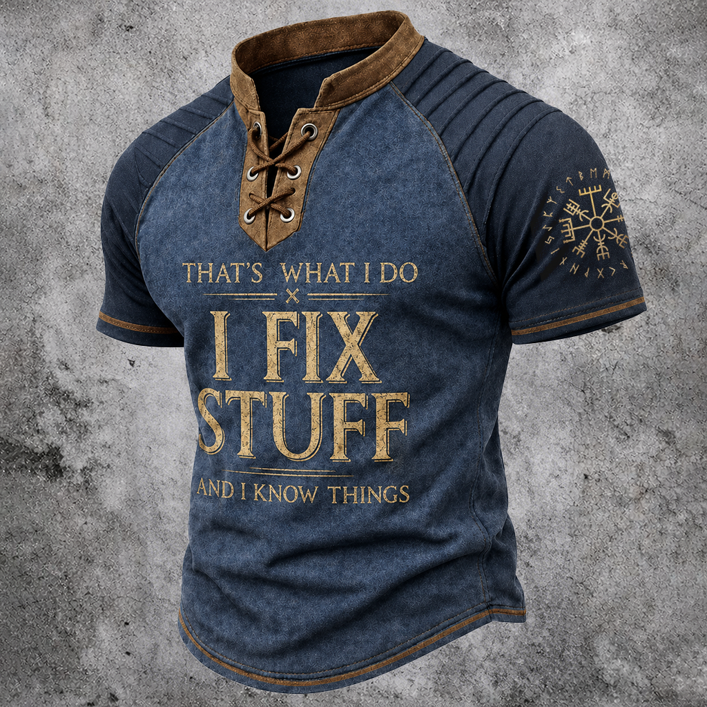Norse Rune Blue Pleated Henley Shirt - NorseKin detail view 2