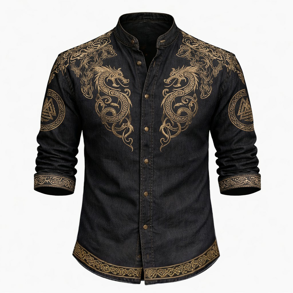 Dragon Black Button-Down Shirt - NorseKin front view