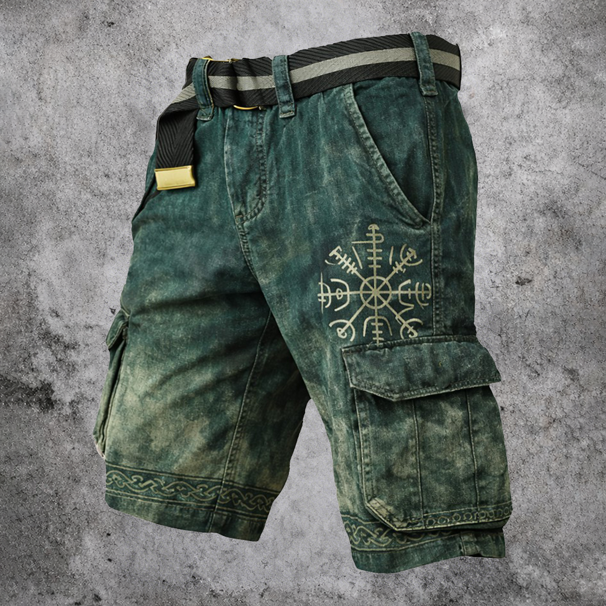 Celtic Knot Vegvisir Distressed Cargo Shorts - NorseKin front view