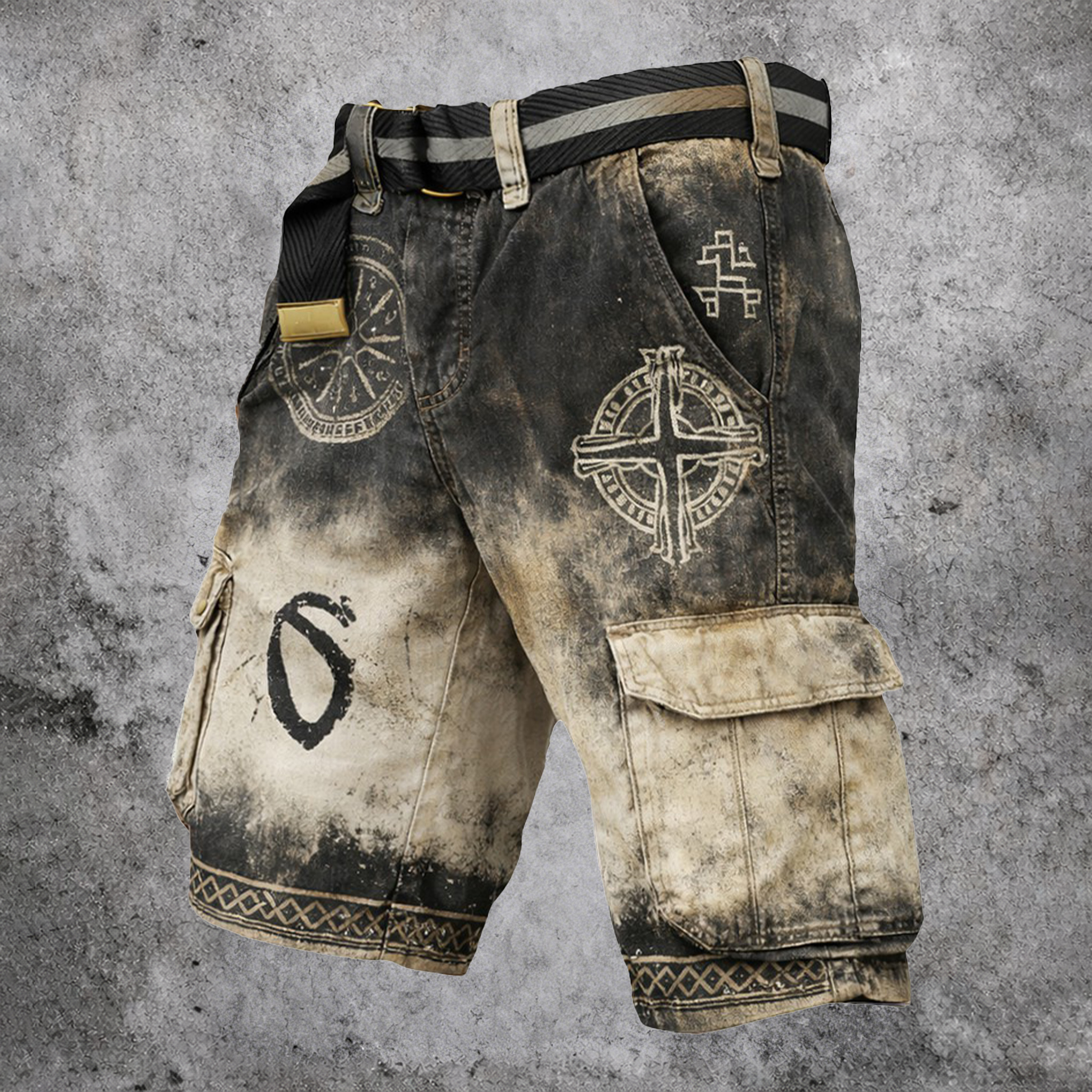 Norse Rune Washed Black Cargo Shorts - NorseKin front view