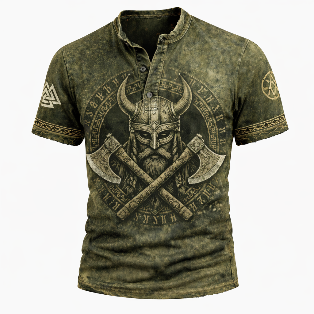 Norse Rune Distressed Henley Shirt - NorseKin detail view 2