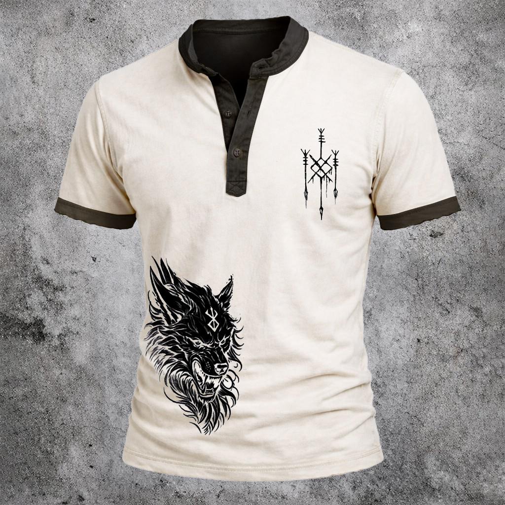 Wolf Contrast Henley Shirt - NorseKin front view