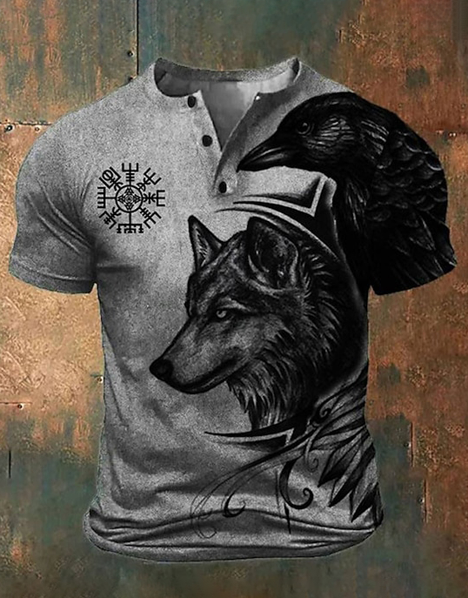 Retro Viking Wolf Graphic Henley Shirt - NorseKin detail view 7